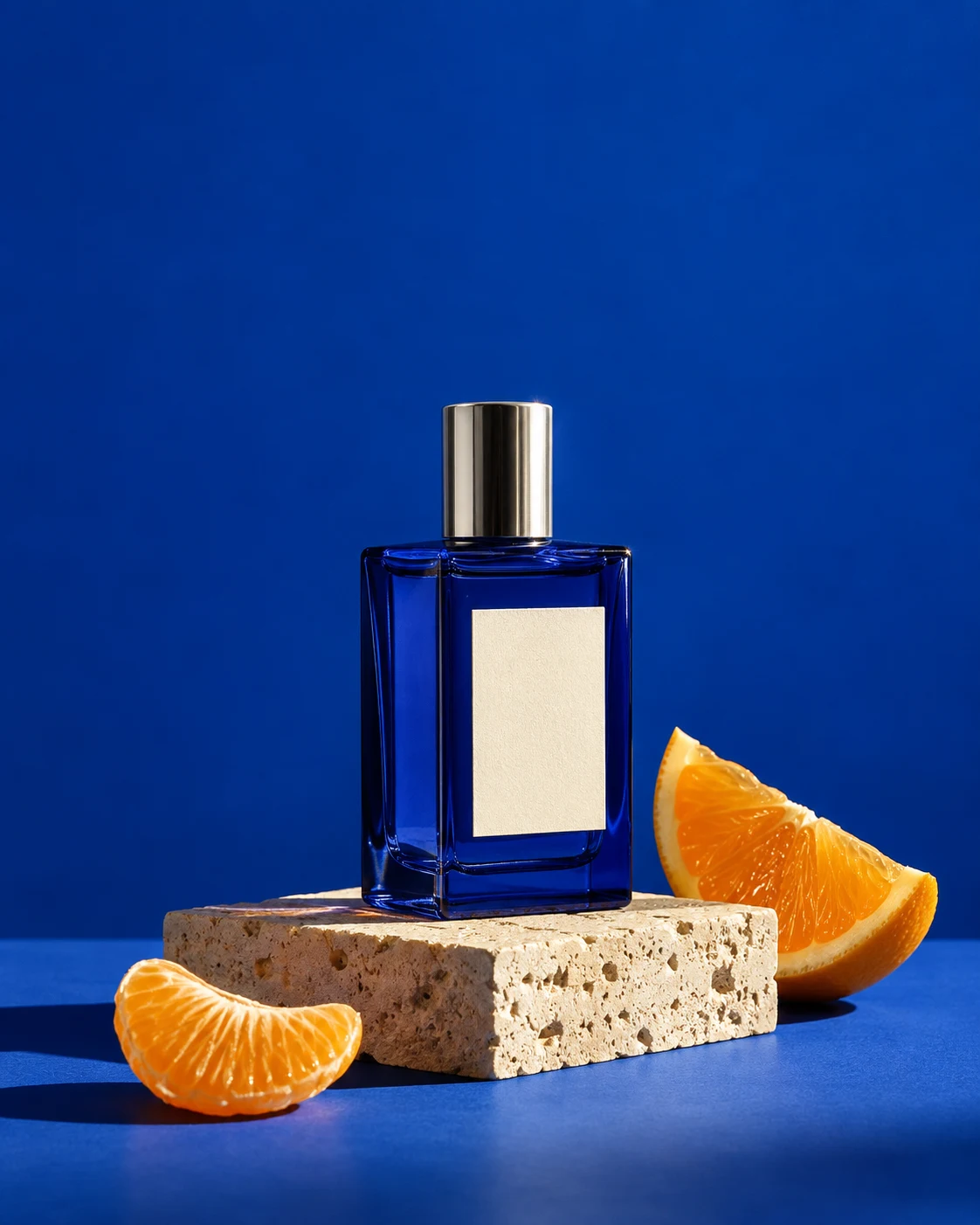 Cobalt-blue skincare bottle with silver cap, on a travertine block beside orange slices